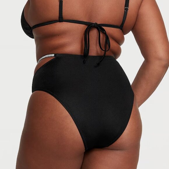 Victorias Secret Swim Bikini Bottom Black High Waist Shine Strap Cut Out Cheeky - Picture 3 of 3